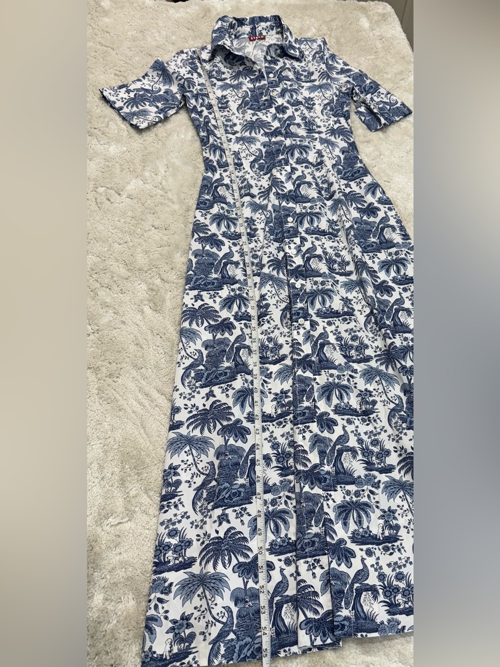 Staud Wells Blue White Toile Print Shirt Dress Maxi Size Small Tropical Palm NWT - Picture 3 of 7